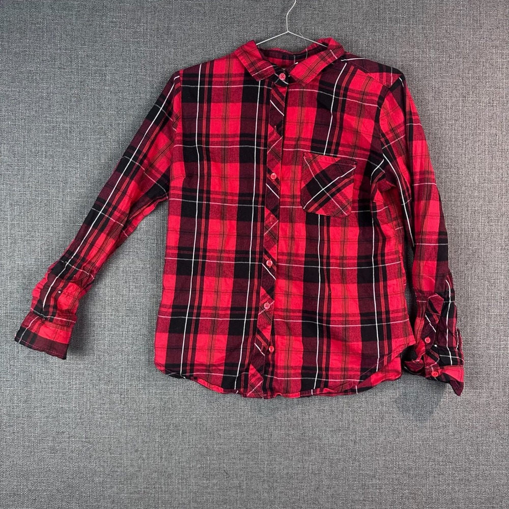 Time and Tru Red Black White Plaid Button Up Long Sleeve‎ Shirt Women's Size S